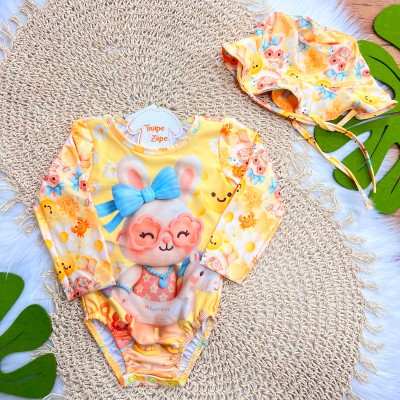 Linha Praia - Maiô Manga Longa Coelhinha e Bucket com Proteção UV50+ - Amarelo